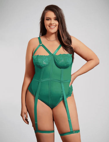 Scandals One Piece Teddy With Lace, Snap Crotch & Leg Straps Bodies & Teddies Scandals Lingerie Extra Large - 2XL Green